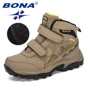 BONA 2020 New Designers High Top Winter Footwear Children Snow Skiing Hiking Fashion School Wearing Shoes Kids Plush Warm Boots (Color: Medium grey black)