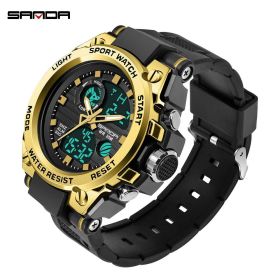 SANDA Sports Men Watches Luxury Military Quartz Electronic Watches Waterproof Digital Wristwatch (Color: Gold)